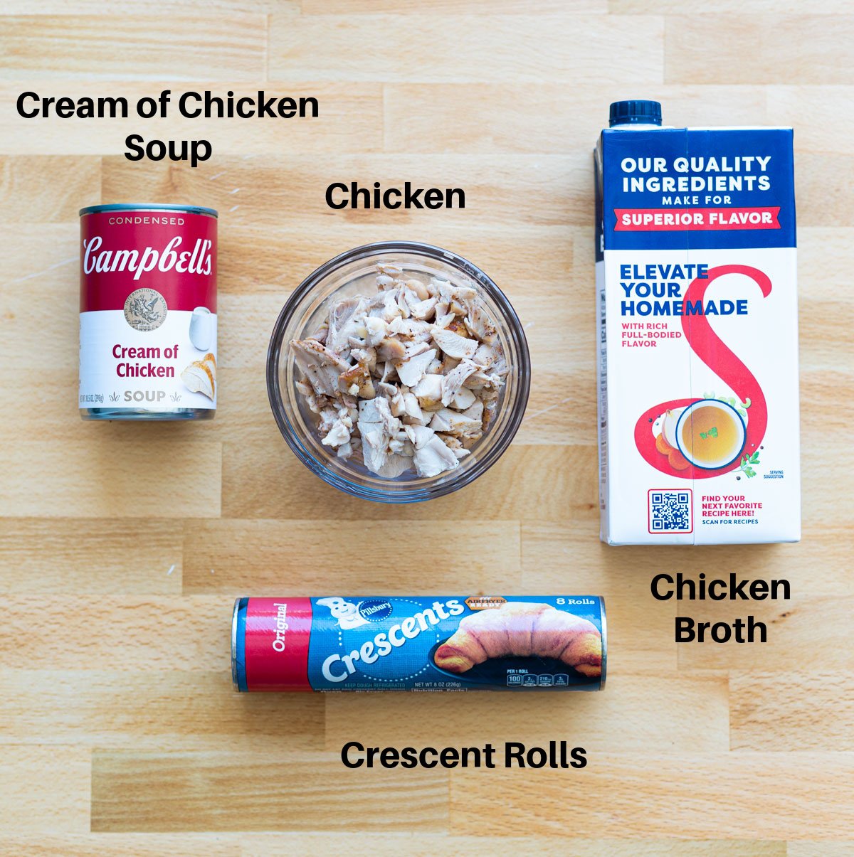 Ingredients needed to make chicken crescent rolls: cream of chicken soup, chicken, chicken broth, and a package of crescent rolls.
