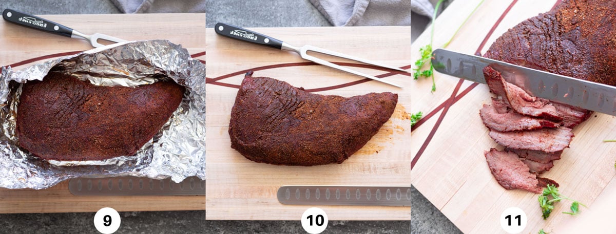 Unwrapping the smoked steak, then slicing thin with a sharp knife. 