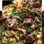 Instant pot beef tips in a pan.