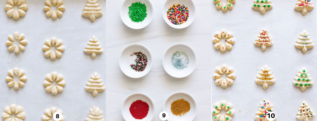 Adding the sprinkles and toppings to the almond spritz cookies before baking. 
