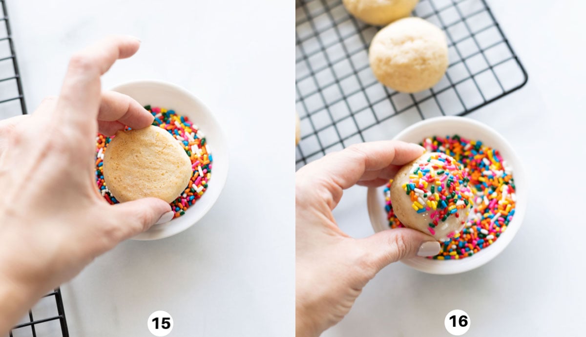 Dipping the freshly iced cookies into the sprinkles. 