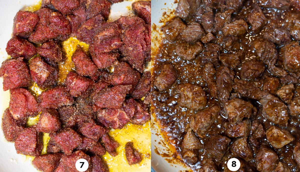 Steak bites searing in the hot pan. 