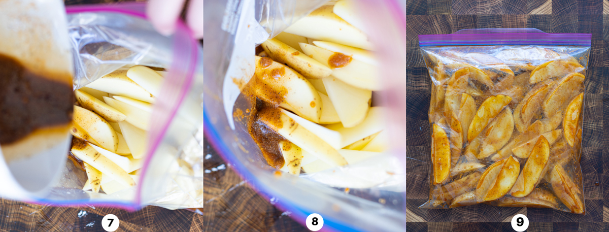 Adding the oil and seasonings to a bag of potato wedges and spreading it around to evenly coat the fries. 