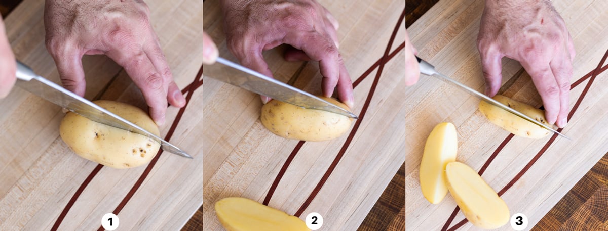 Halving, then quartering, then slicing the potatoes again for steak french fries. 
