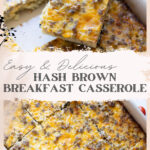 Collage of a hash brown breakfast casserole being served.
