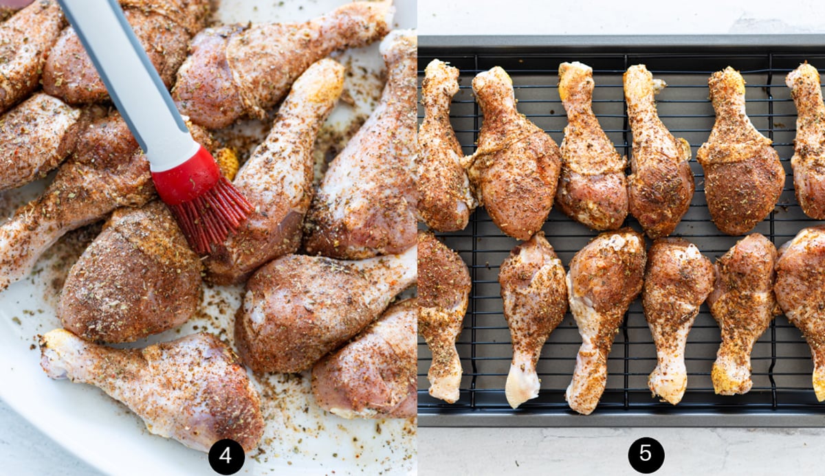 Basting seasoning on the chicken legs and putting them on a sheet pan with a wire rack. 