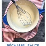 Sauce pan containing Bechamel sauce being whisked.